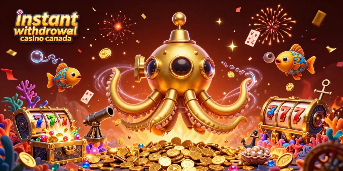 Experience instant withdrawal casino canada with a dynamic scene of a golden kraken submarine among slot reels.