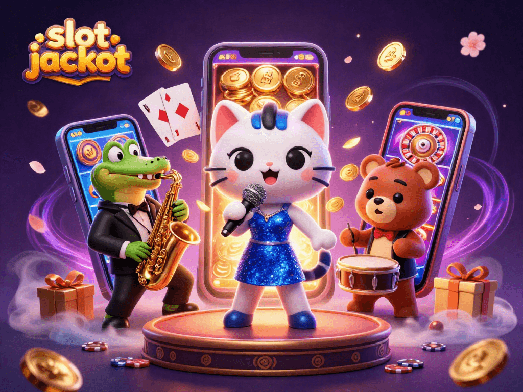 Experience the thrill of a slot jackpot with lively characters in this vibrant casino illustration.