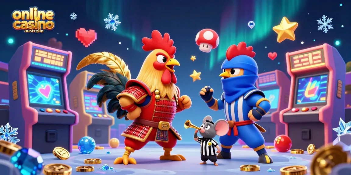 Experience the thrill of online casino australia with a vibrant 3D showdown of roosters in combat.