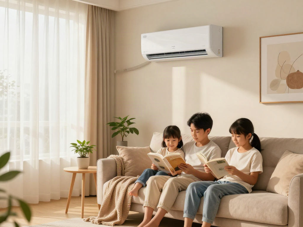 Family relaxing in a stylish living room with a mini split air conditioner providing comfort during a sunny afternoon.