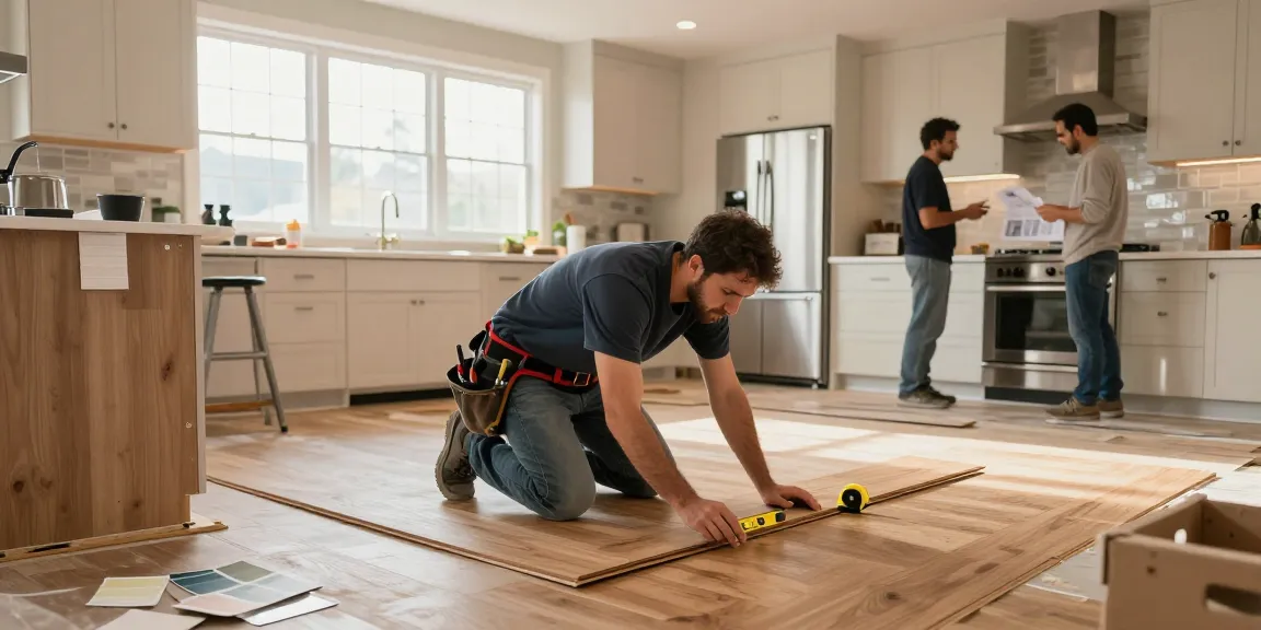 Renovation contractor Toronto working on a modern kitchen remodel with tools and bright natural lighting.