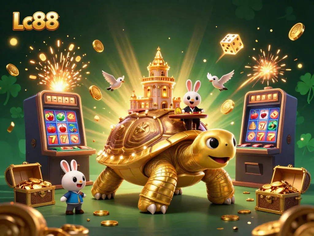 Experience Lc88's captivating casino world with a golden tortoise and a lively rabbit dealer!