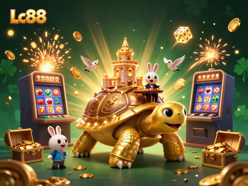Experience Lc88's captivating casino world with a golden tortoise and a lively rabbit dealer!