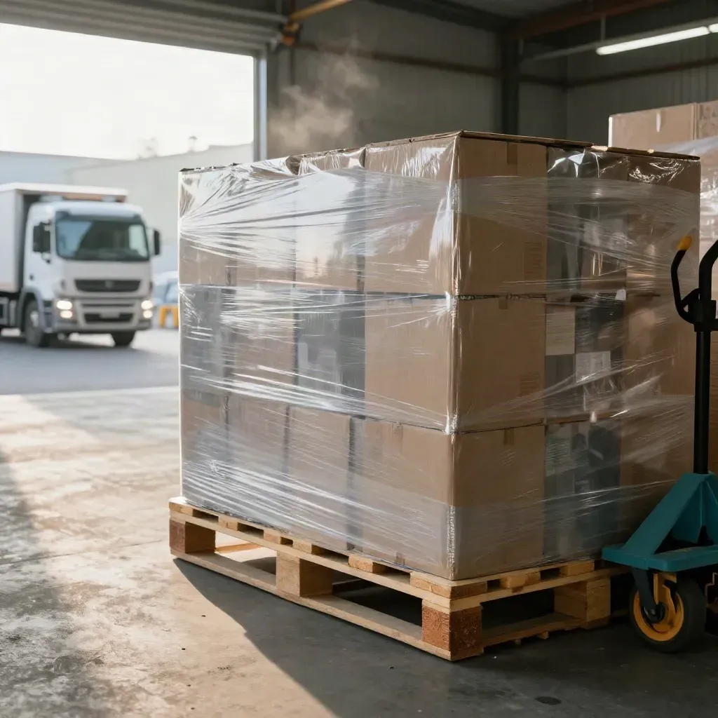 Wrapped export cartons move toward a dock door beside fresh pallets and a waiting truck bay.