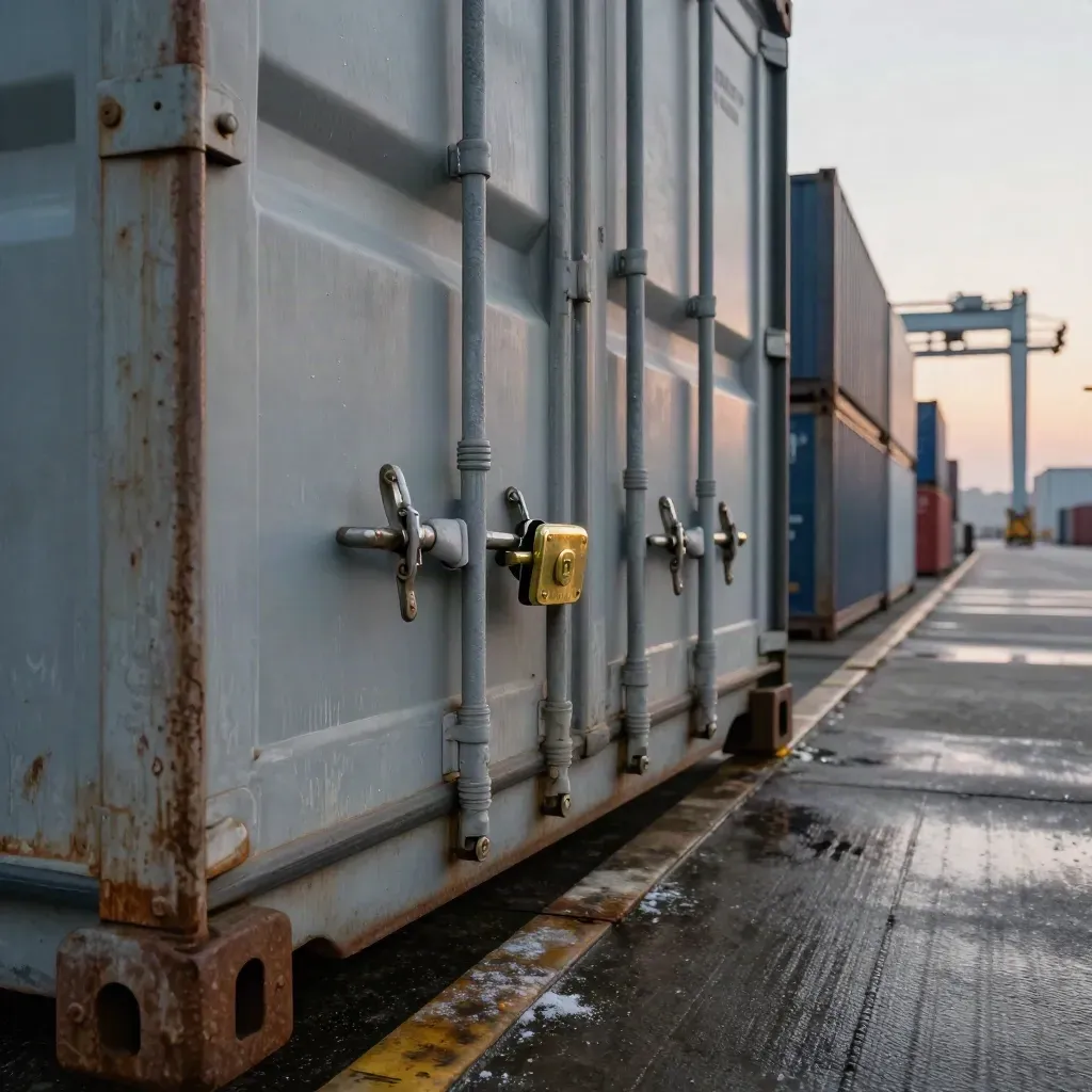 Sealed export container door locked shut on a misty dock, brass seal glinting at dawn.