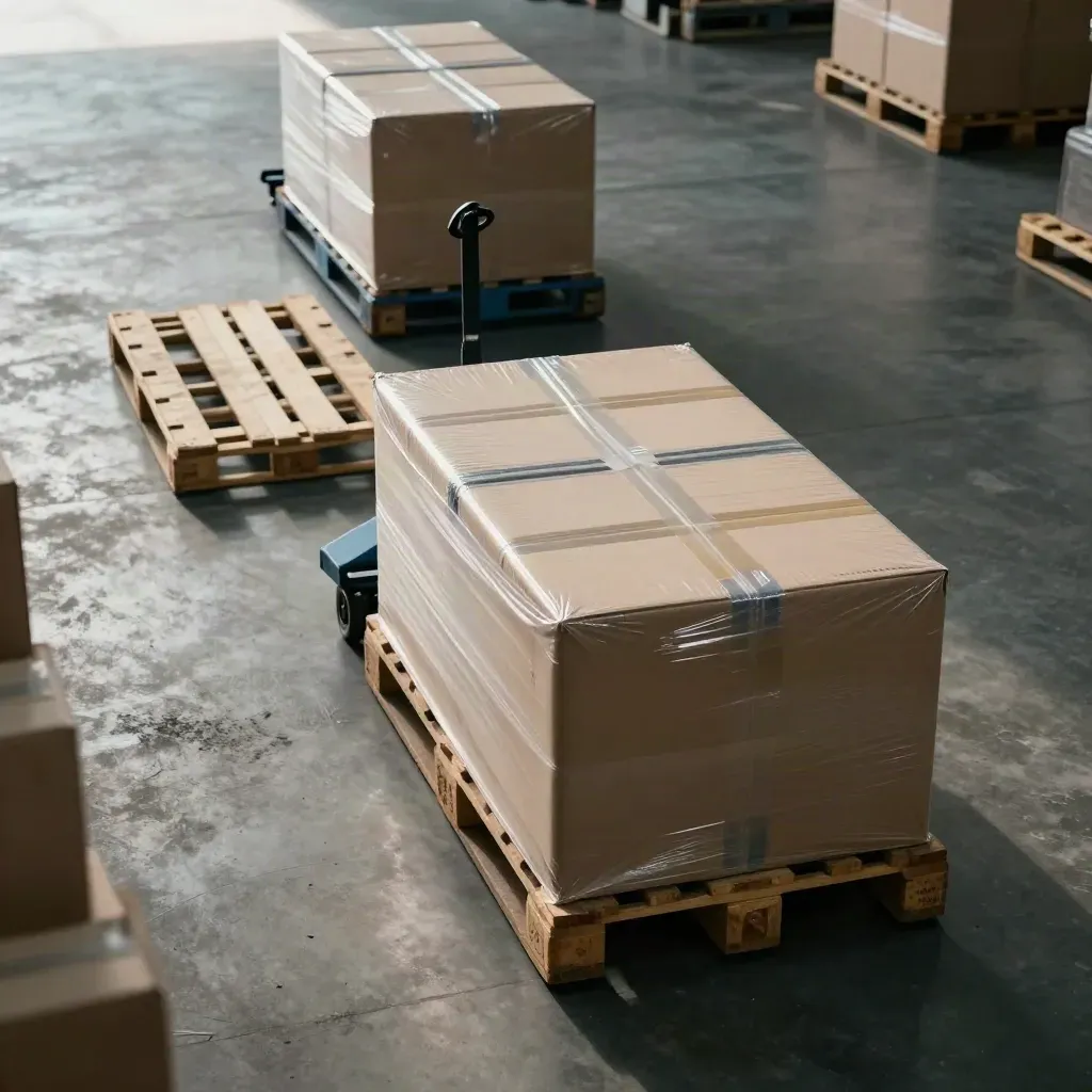 Fresh export cartons and an empty pallet lane with a moving dock cart in a warehouse.