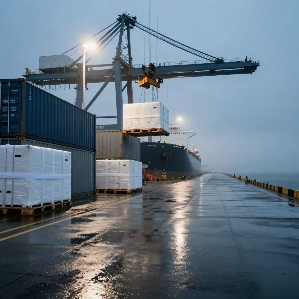 Rain-slick port loading zone with crane, cargo crates, containers, and a bulk carrier in mist.
