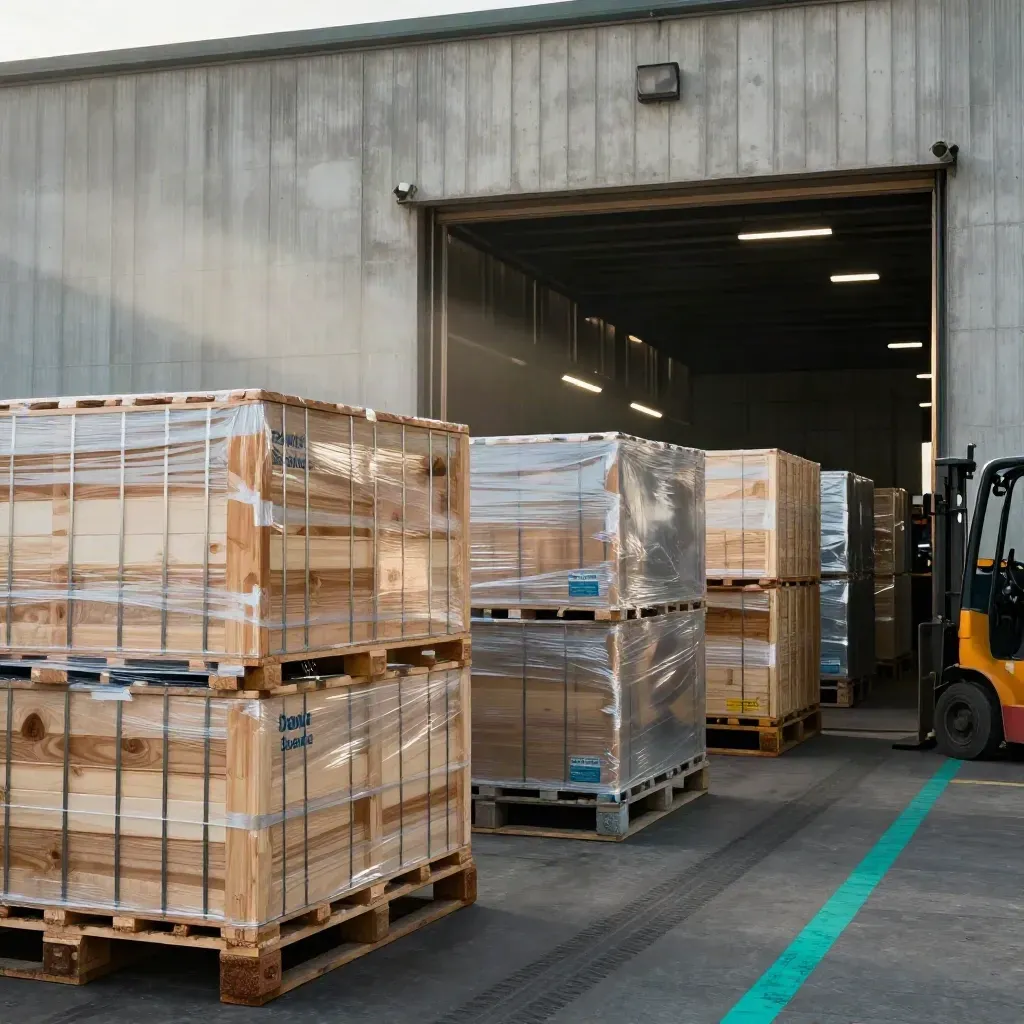 Warehouse bay with new export crates and wrapped pallets under warm afternoon light.