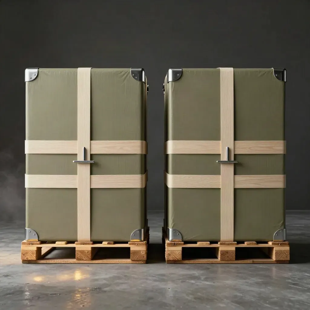 Matched export pallets with a metal spacer in a dark warehouse, lit cool and dramatic.