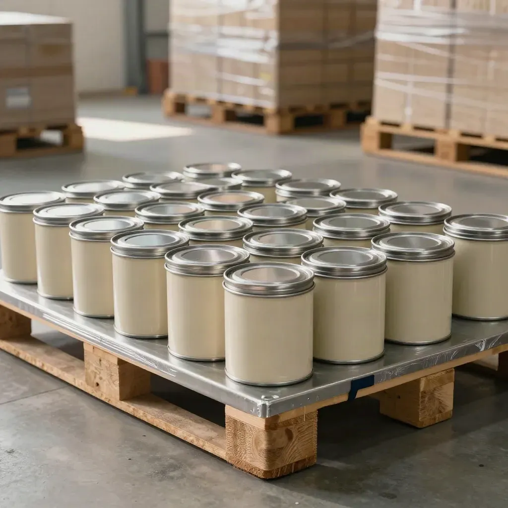 Stainless staging table of imported tins on pallets in a calm warehouse with cool haze.