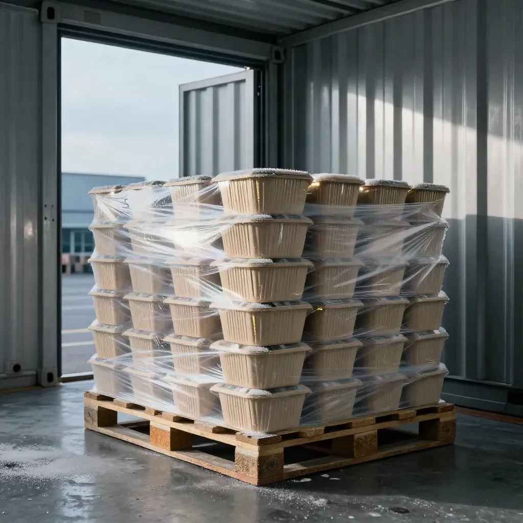 Sealed food cartons on insulated pallets inside an open export cooler washed with blue daylight.