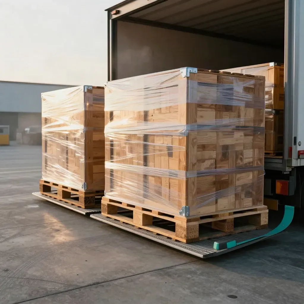 Sunlit plant loading bay with stacked export cases and an open dock at sunrise.