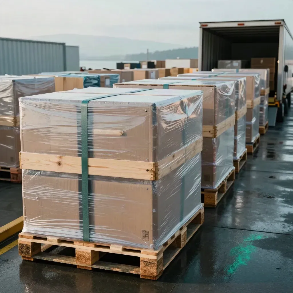 Wrapped pallets and outbound crates staged in a Vancouver dock bay ready for export.