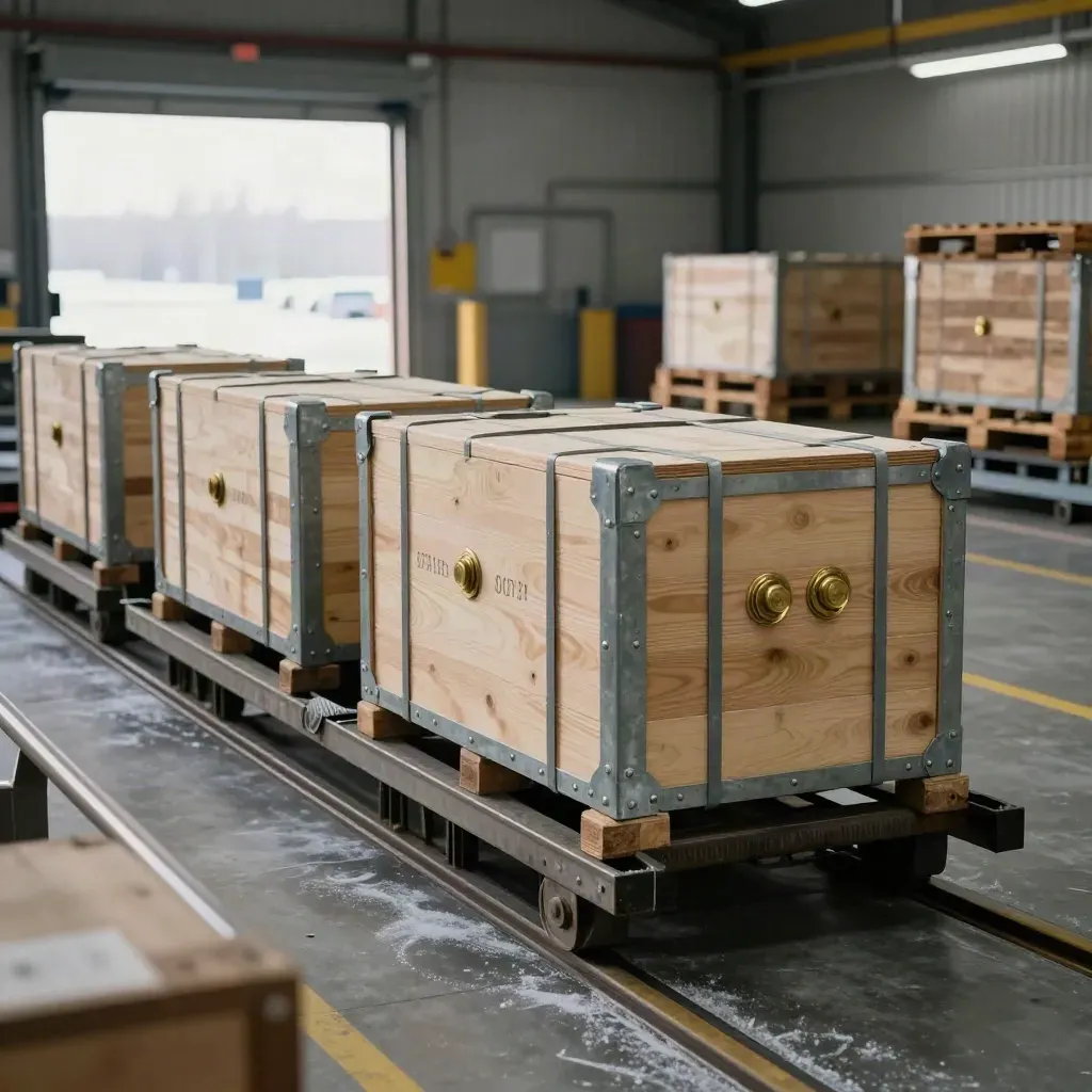 Bonded export crates sealed on an inspection lane leading to an open dock door