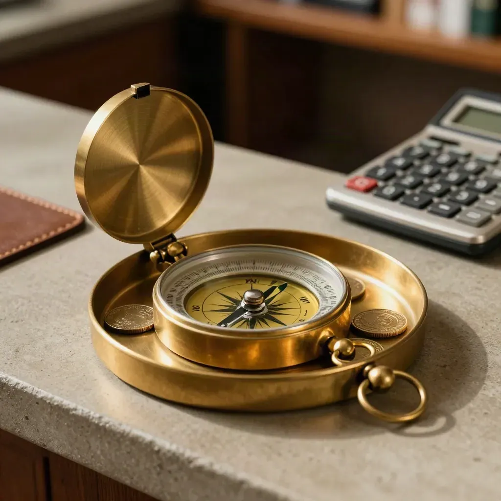 FX tools on a stone counter: coin tray, brass market compass, face-down calculator.