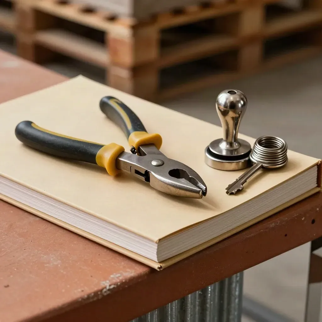 Closed customs folios, seal pliers, and lead seals on a clay-toned warehouse ledge.