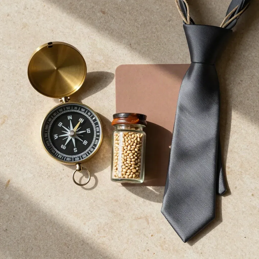 Top-down trade review still life with compass, route pins, and grain jar on clay stone.