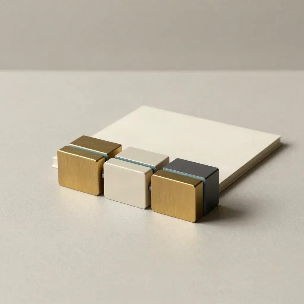 Overhead still life of brass, graphite, and white modules on pale ash wood.