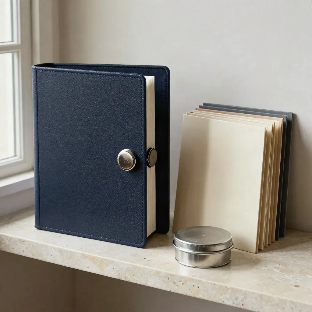 Archival binder, seal tin and tabbed sleeves on pale stone with soft navy accent