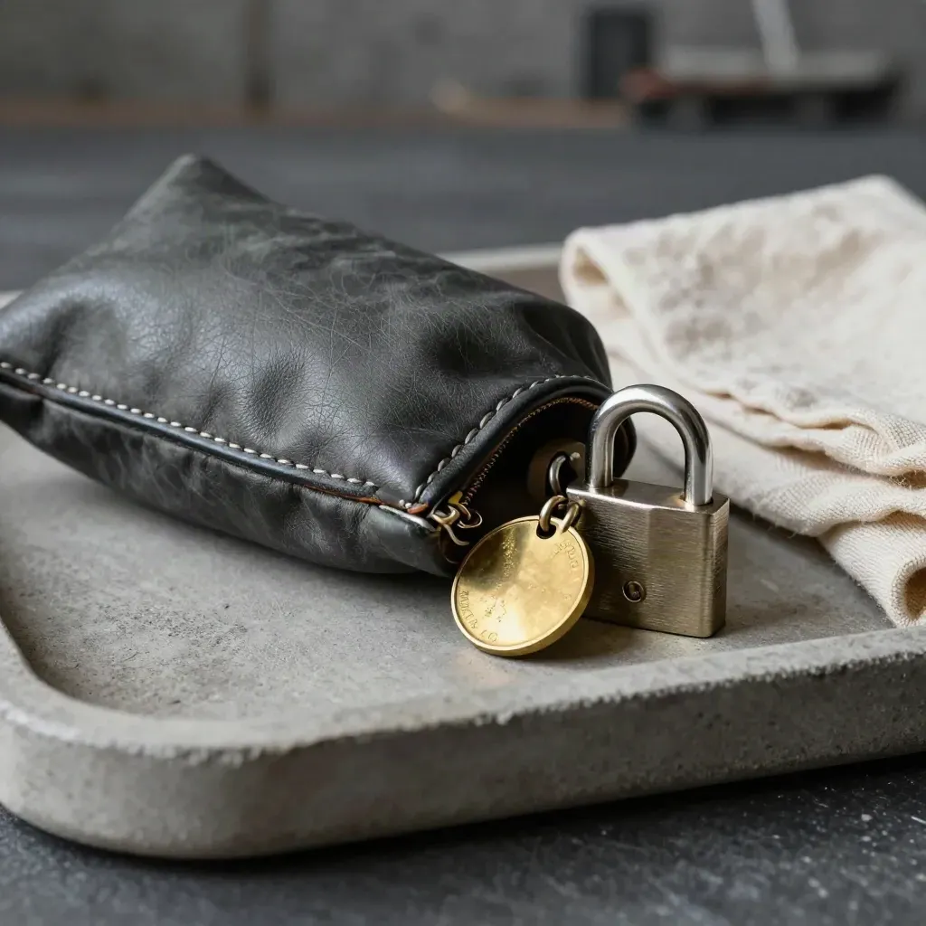 Sealed pouch, brass token, and crate lock on concrete tray with soft cloth and dock light