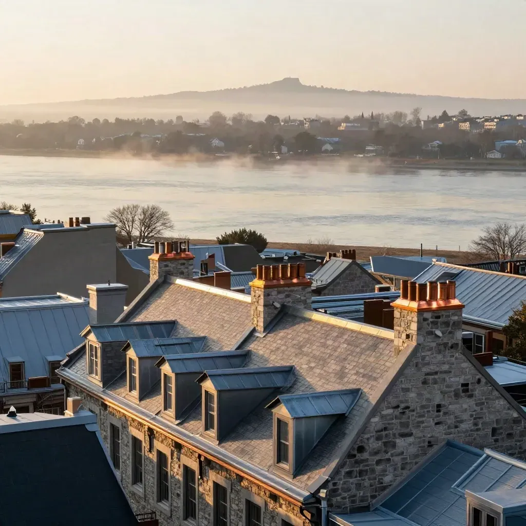 Old Montreal rooftops above the St. Lawrence at sunrise, mist and Mount Royal ridge