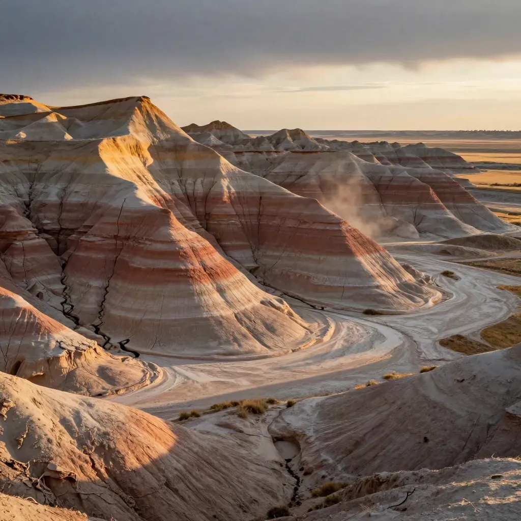 Alberta badlands ridges and sandstone bands above calm clay under storm-lit prairie sky