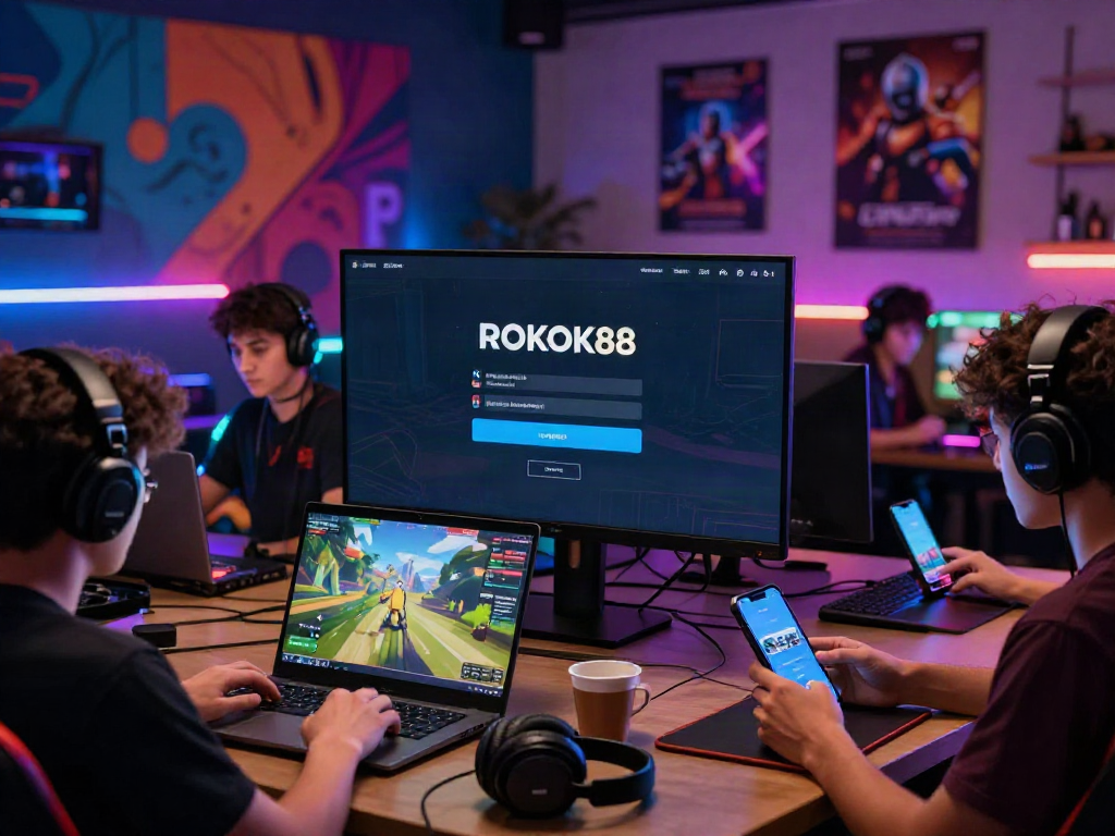 Engaging ROKOK88 login interface surrounded by gamers enjoying an immersive gaming experience.