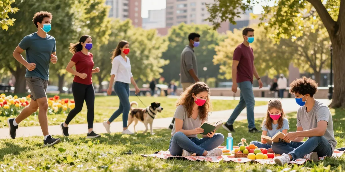 People wearing colorful covid face masks in a park enjoying outdoor activities and community.